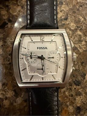 Fossil Men's chronograph square-face watch, stainless steel with white dial. EUC